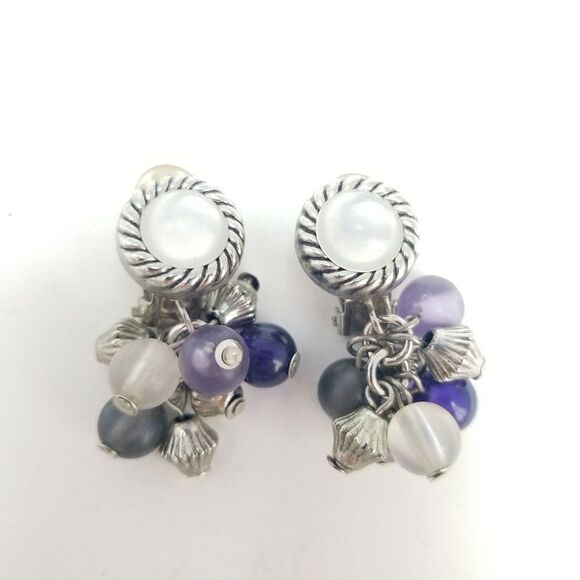 Vintage Silver Tone Clip On Earrings with Beaded Purple Blue Drop, Retro Design - Picture 2 of 6